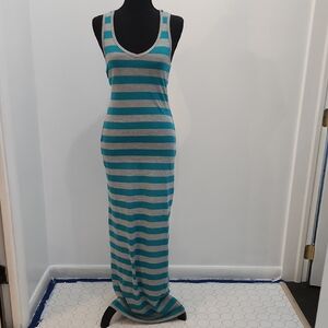 Striped Sleeveless Maxi Dress - Teal and Gray